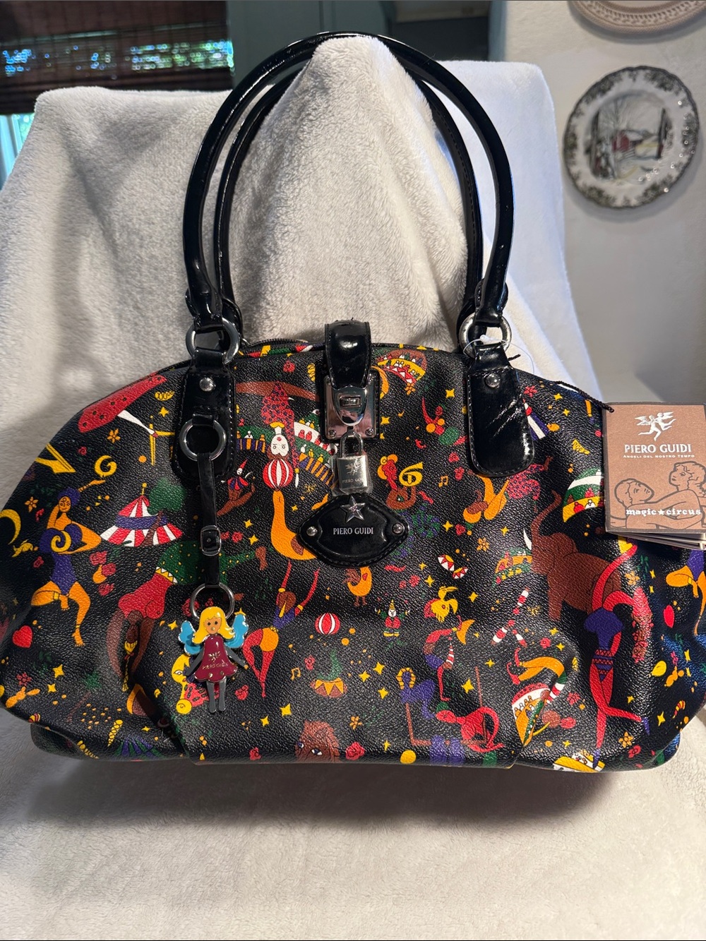 Vintage Piero Guidi Magic Circus Print Satchel bag; working lock w/keys & charm